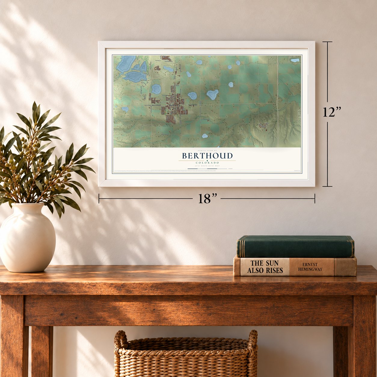 Berthoud, Colorado map, 12 x 18 inch print in a white frame in an entryway