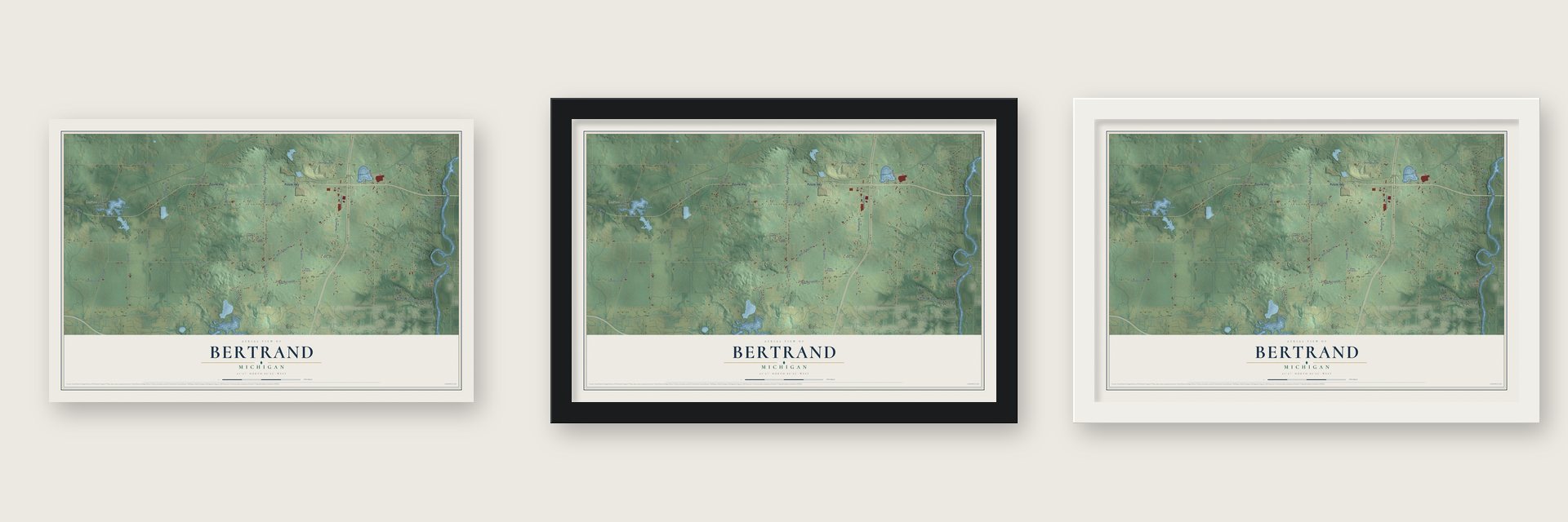 Bertrand, Michigan map unframed, in a black wood frame and in a white wood frame