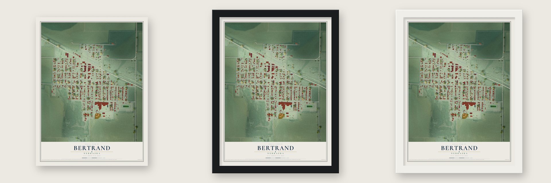 Bertrand, Nebraska map unframed, in a black wood frame and in a white wood frame