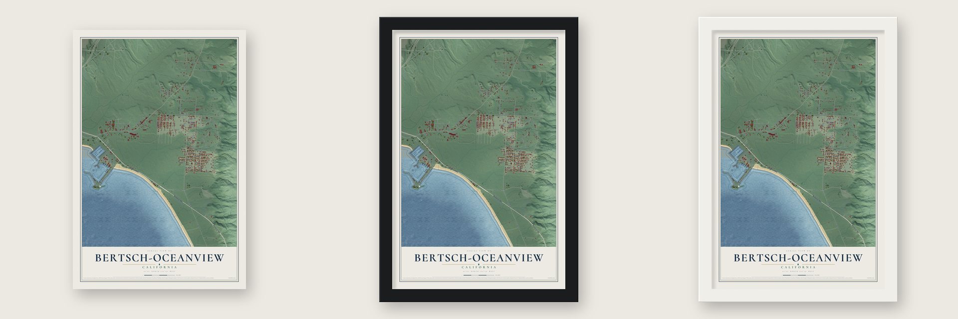 Bertsch-Oceanview, California map unframed, in a black wood frame and in a white wood frame