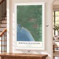 Bertsch-Oceanview, California map, 24 x 36 inch print in a white frame by a staircase