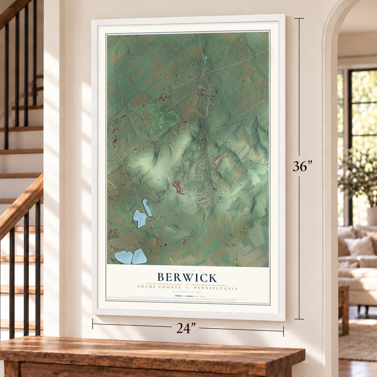 Berwick, Adams County, Pennsylvania map, 24 x 36 inch print in a white frame by a staircase