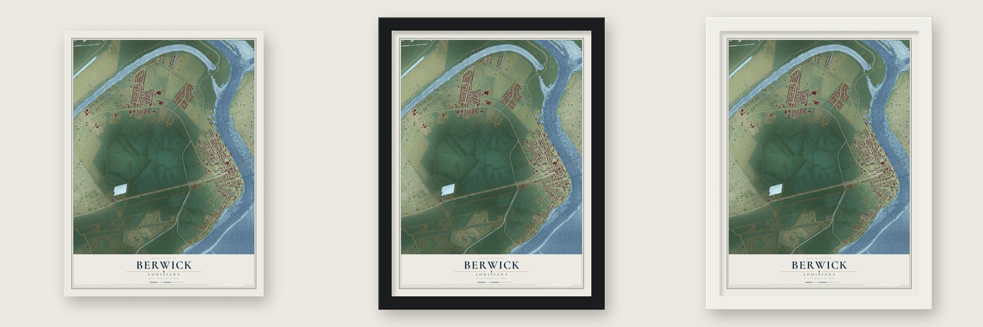 Berwick, Louisiana map unframed, in a black wood frame and in a white wood frame