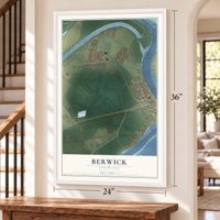 Berwick, Louisiana map, 24 x 36 inch print in a white frame by a staircase