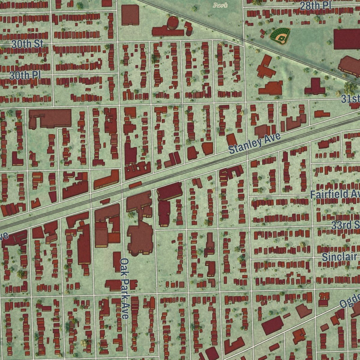 Second close-up of the map of Berwyn, Illinois print showing more streets and buildings