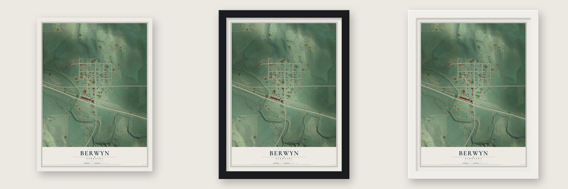 Berwyn, Nebraska map unframed, in a black wood frame and in a white wood frame