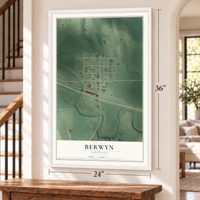 Berwyn, Nebraska map, 24 x 36 inch print in a white frame by a staircase