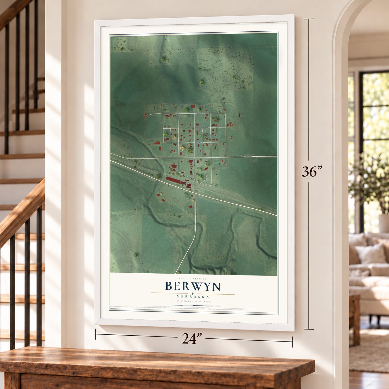 Berwyn, Nebraska map, 24 x 36 inch print in a white frame by a staircase
