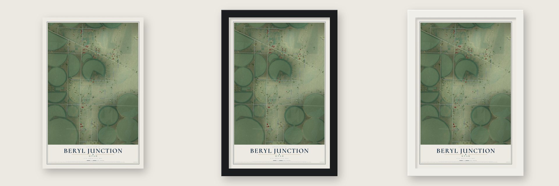 Beryl Junction, Utah map unframed, in a black wood frame and in a white wood frame