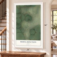 Beryl Junction, Utah map, 24 x 36 inch print in a white frame by a staircase