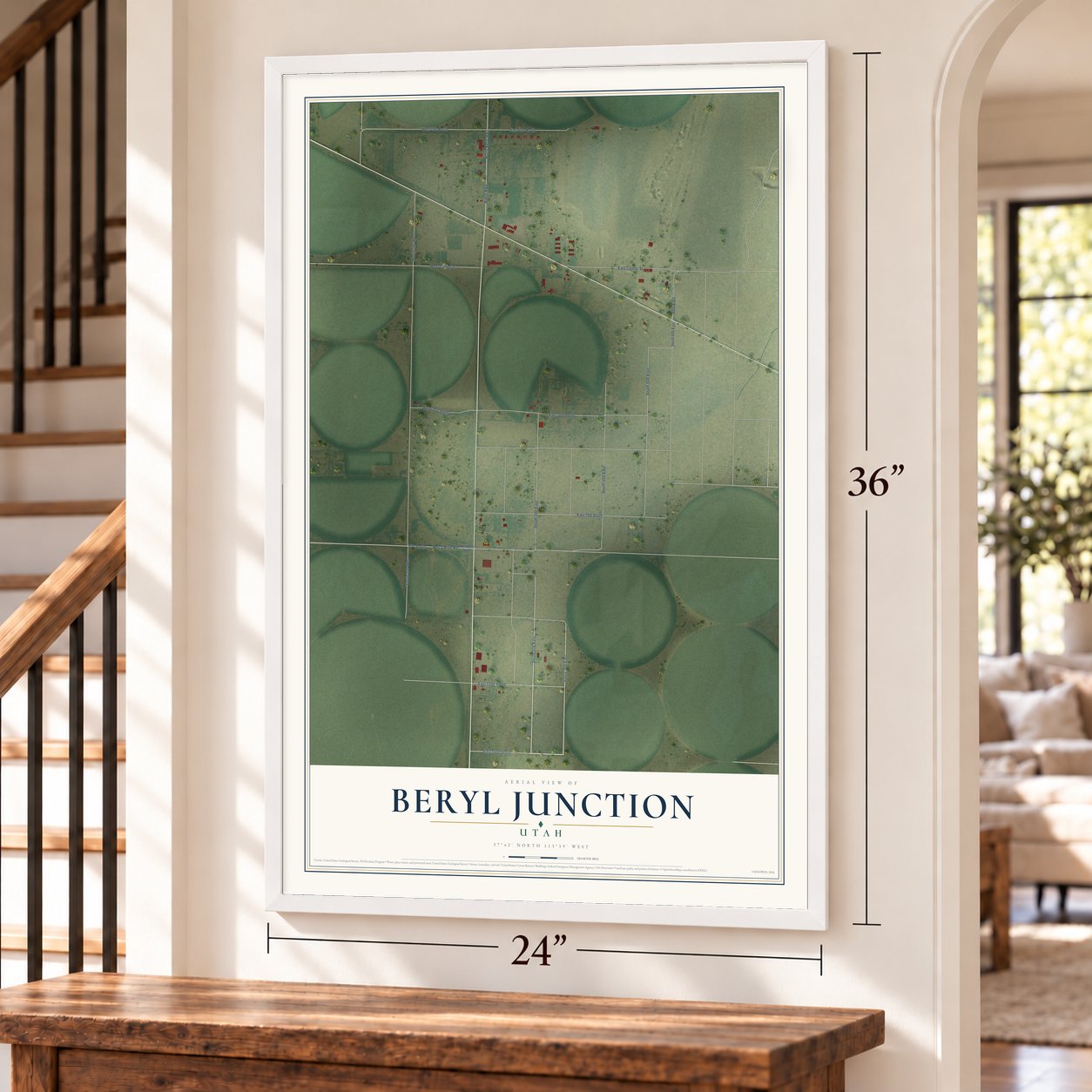 Beryl Junction, Utah map, 24 x 36 inch print in a white frame by a staircase