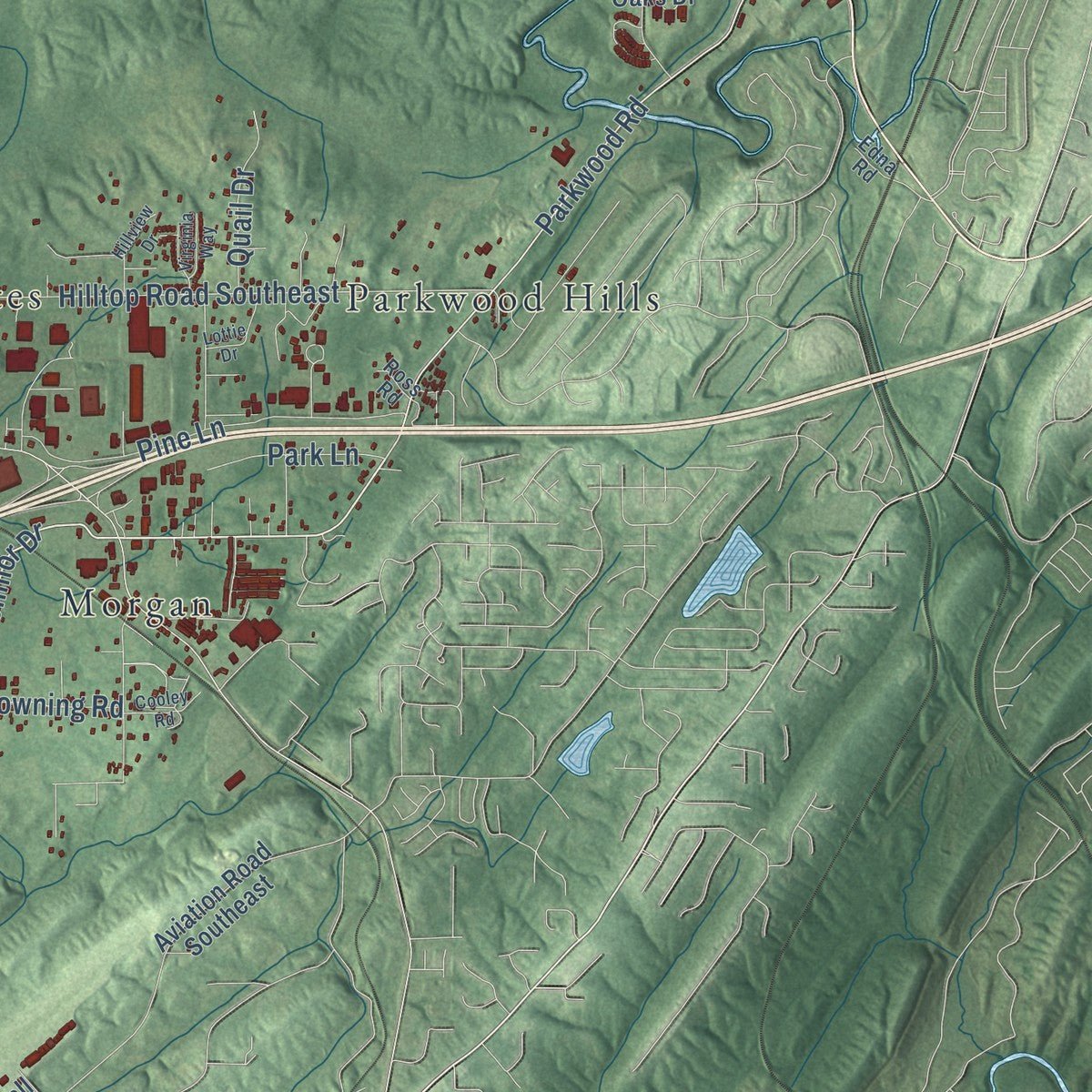 Second close-up of the map of Bessemer, Alabama print showing more streets and buildings