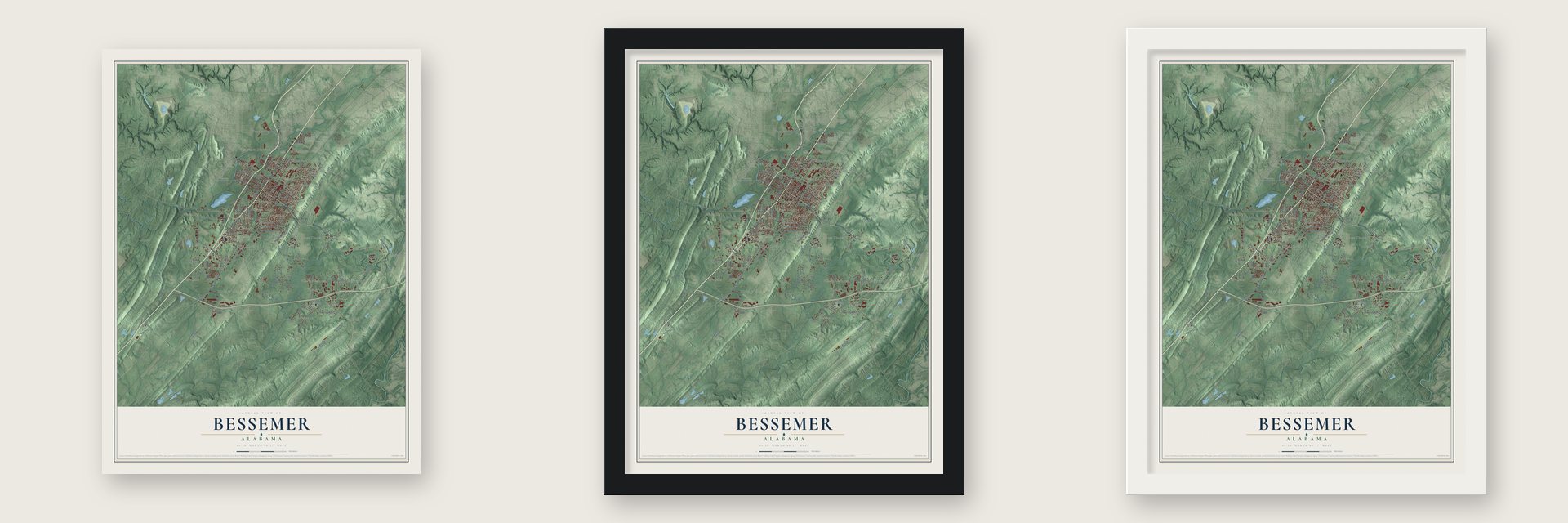 Bessemer, Alabama map unframed, in a black wood frame and in a white wood frame