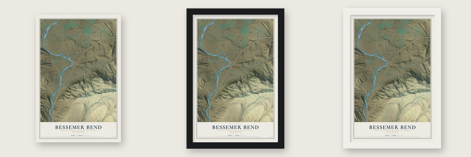 Bessemer Bend, Wyoming map unframed, in a black wood frame and in a white wood frame