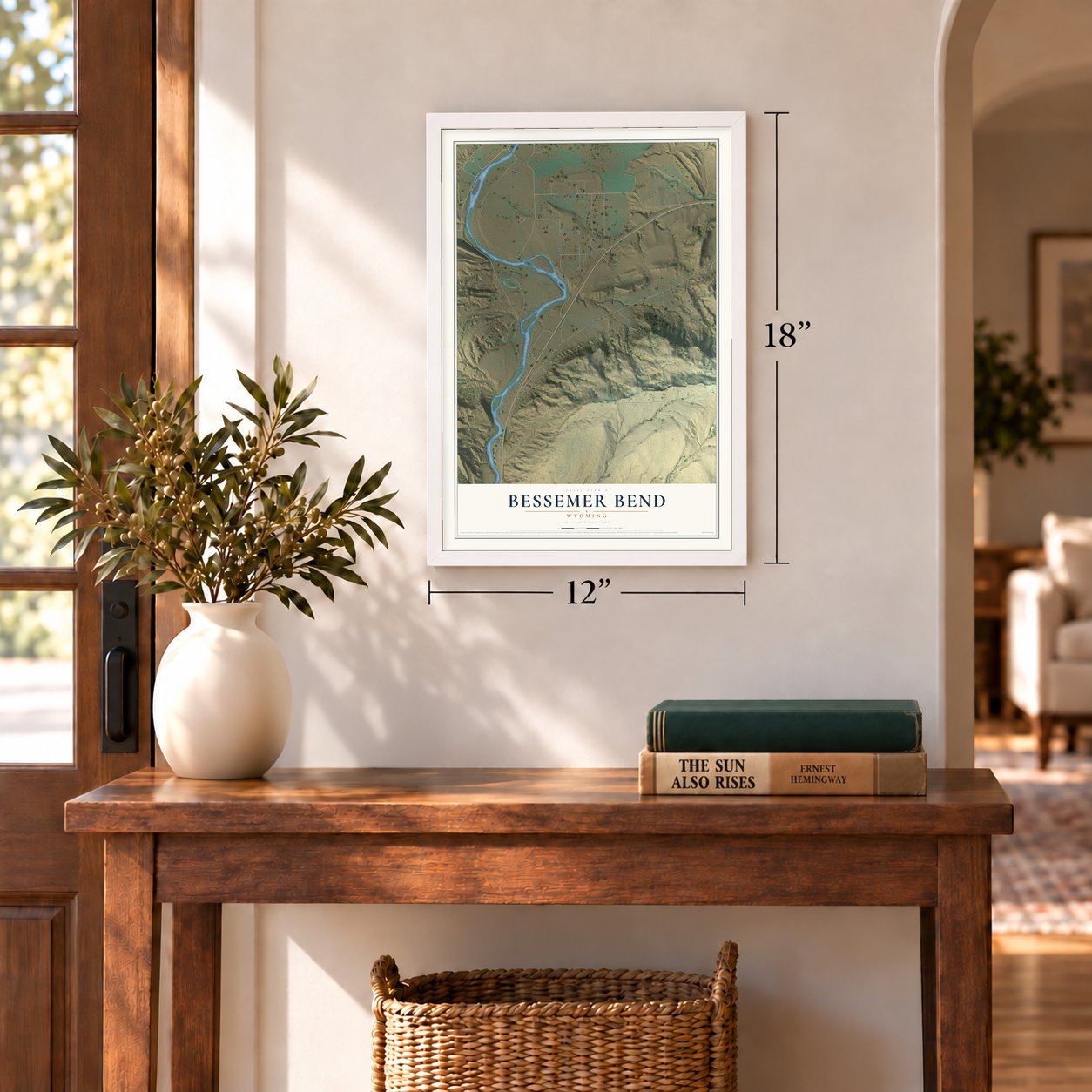 Bessemer Bend, Wyoming map, 12 x 18 inch print in a white frame in an entryway