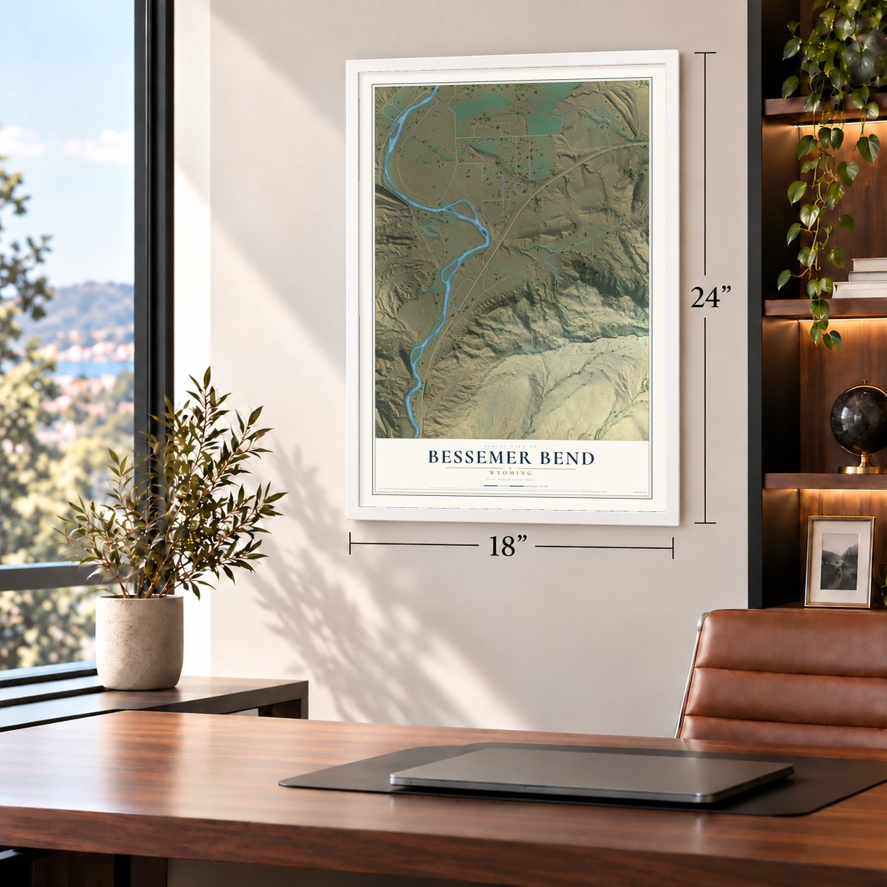 Bessemer Bend, Wyoming map, 18 x 24 inch print in a white frame in a home office