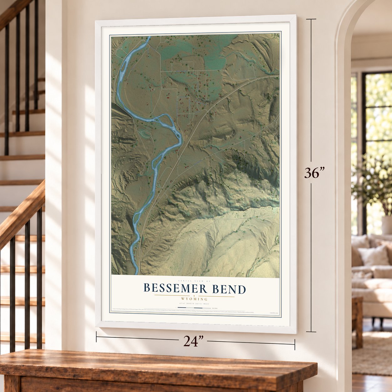 Bessemer Bend, Wyoming map, 24 x 36 inch print in a white frame by a staircase