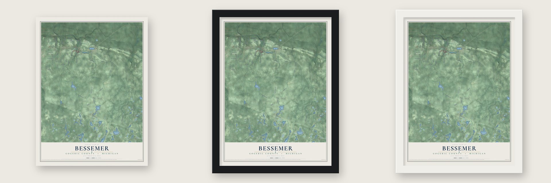 Bessemer, Gogebic County, Michigan map unframed, in a black wood frame and in a white wood frame