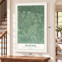 Bessemer, Gogebic County, Michigan map, 24 x 36 inch print in a white frame by a staircase