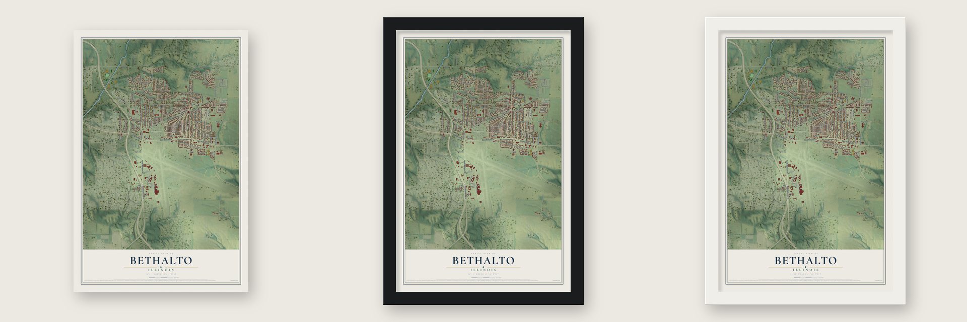 Bethalto, Illinois map unframed, in a black wood frame and in a white wood frame