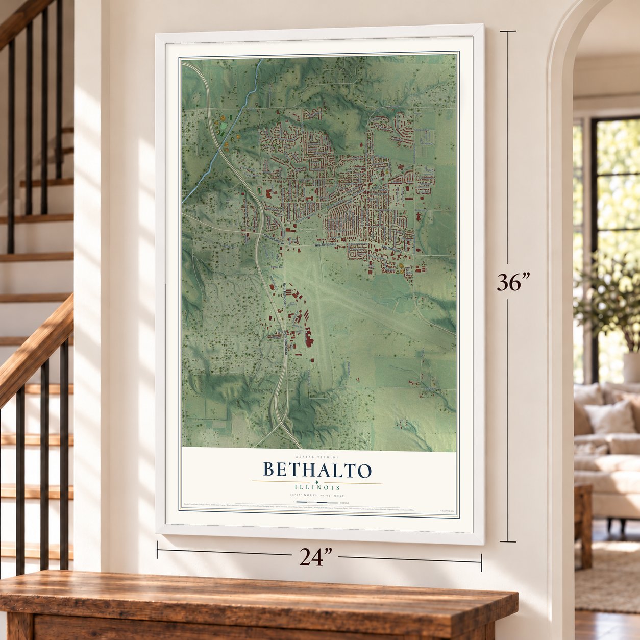 Bethalto, Illinois map, 24 x 36 inch print in a white frame by a staircase