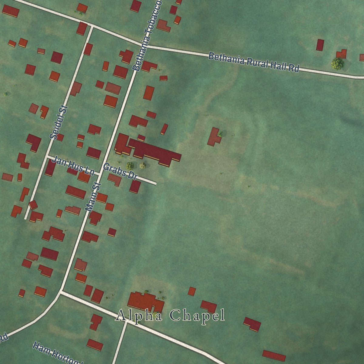 Second close-up of the map of Bethania, North Carolina print showing more streets and buildings