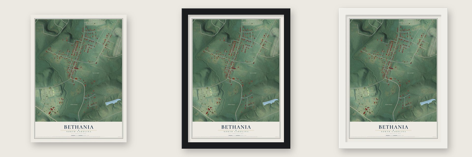 Bethania, North Carolina map unframed, in a black wood frame and in a white wood frame