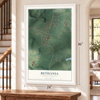 Bethania, North Carolina map, 24 x 36 inch print in a white frame by a staircase