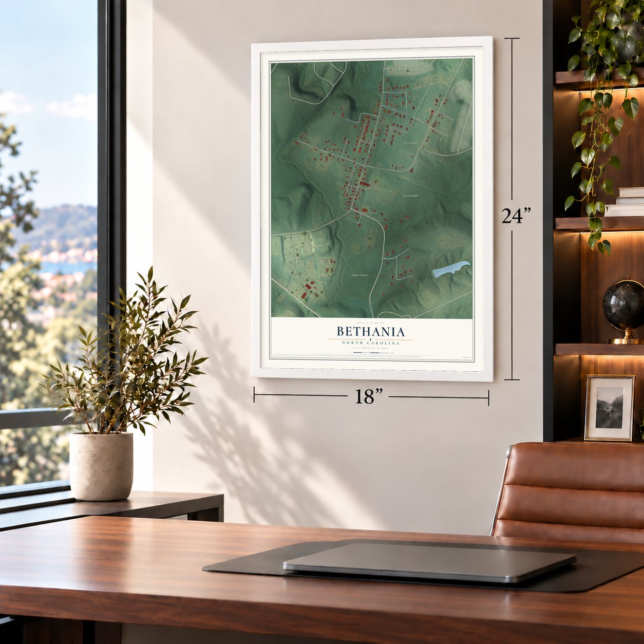 Bethania, North Carolina map, 18 x 24 inch print in a white frame in a home office