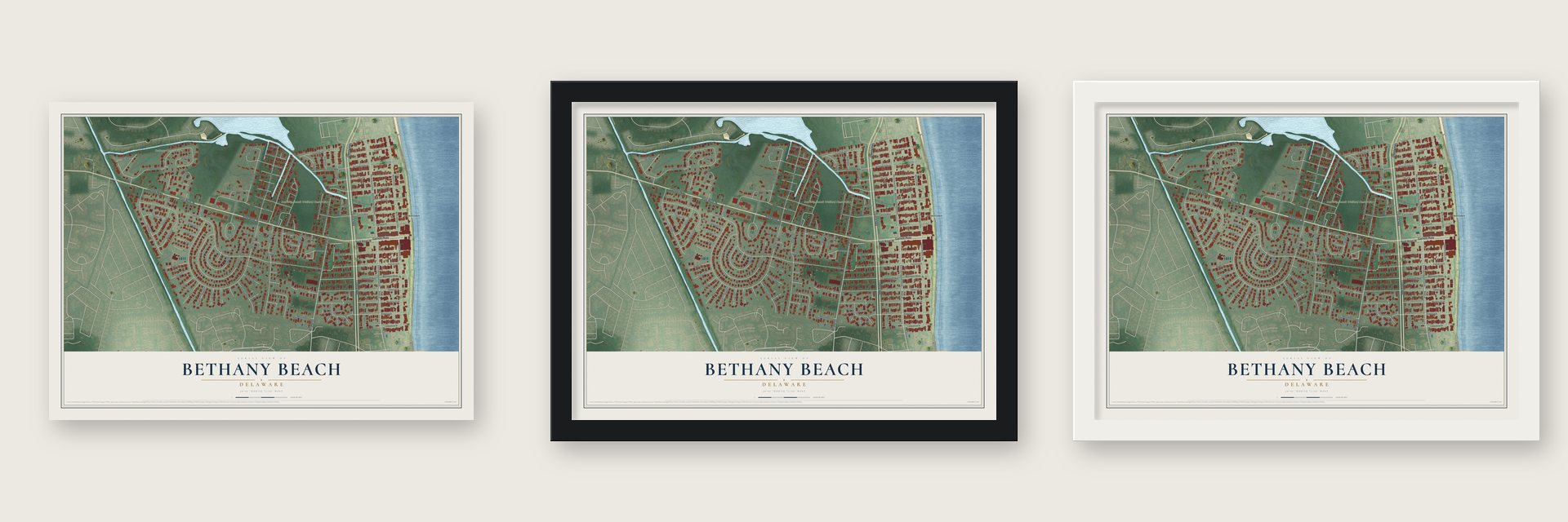 Bethany Beach, Delaware map unframed, in a black wood frame and in a white wood frame