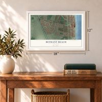 Bethany Beach, Delaware map, 12 x 18 inch print in a white frame in an entryway