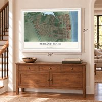 Bethany Beach, Delaware map, 24 x 36 inch print in a white frame above a dresser by a staircase