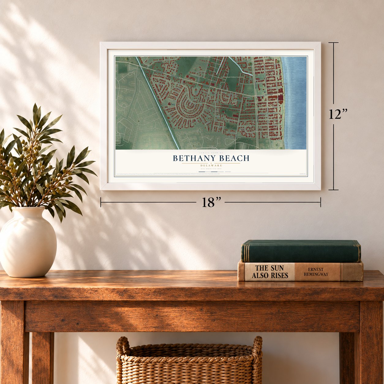 Bethany Beach, Delaware map, 12 x 18 inch print in a white frame in an entryway