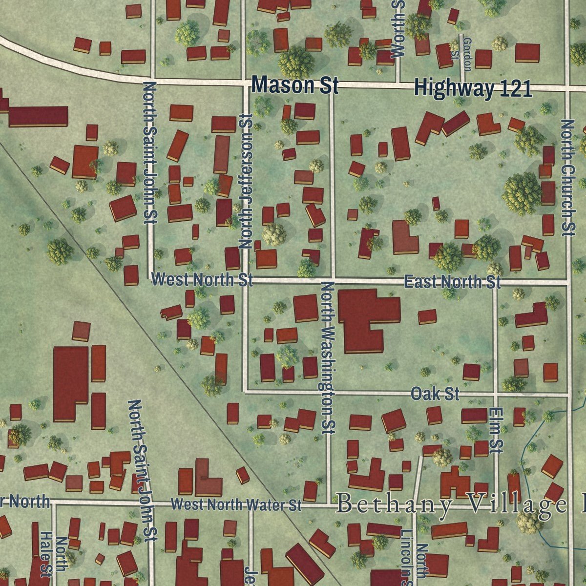 Second close-up of the map of Bethany, Illinois print showing more streets and buildings
