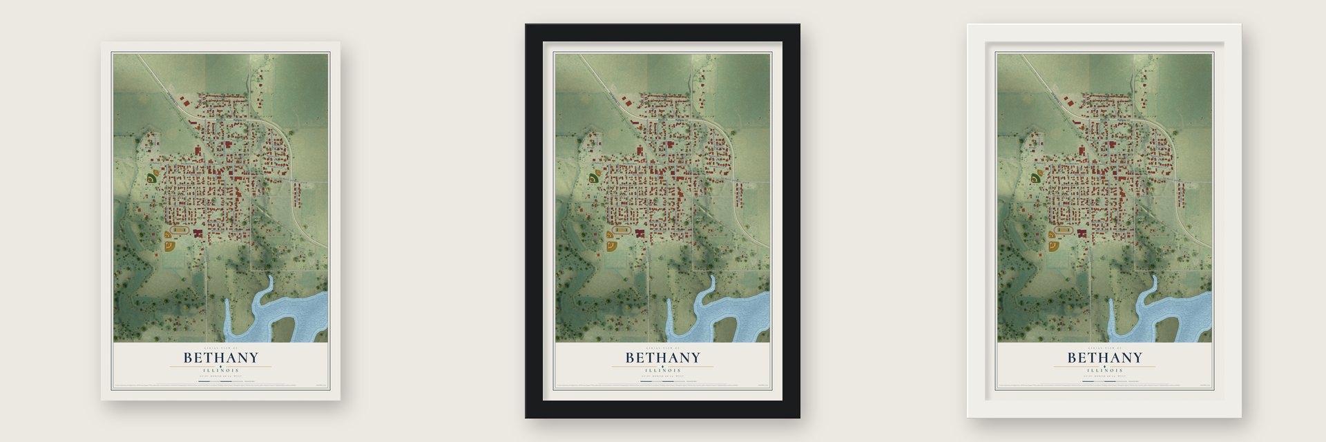 Bethany, Illinois map unframed, in a black wood frame and in a white wood frame