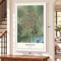 Bethany, Illinois map, 24 x 36 inch print in a white frame by a staircase