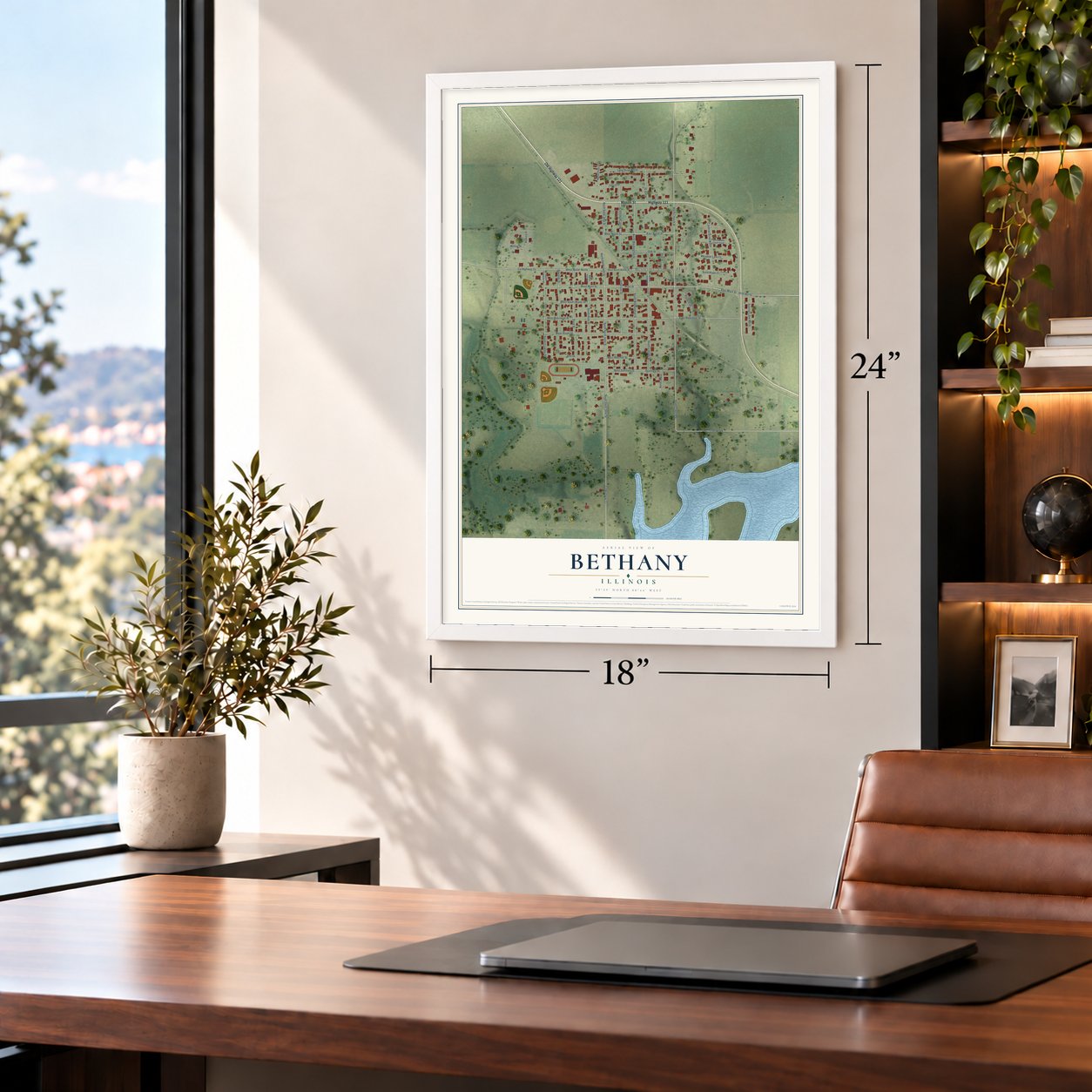 Bethany, Illinois map, 18 x 24 inch print in a white frame in a home office