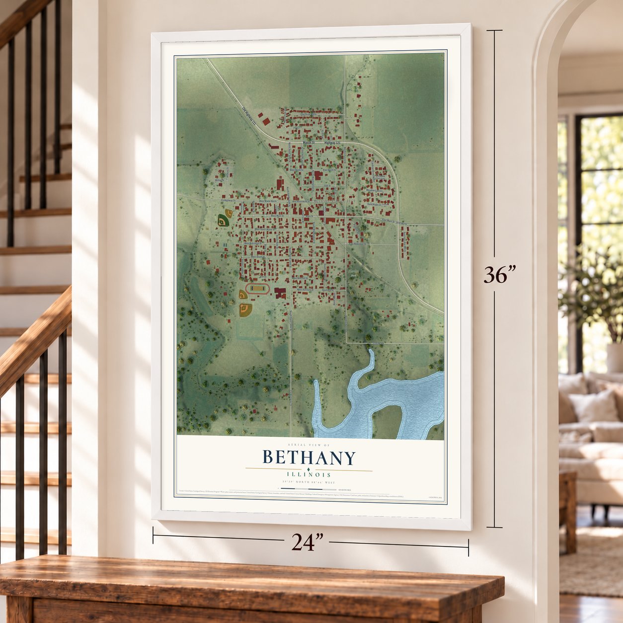 Bethany, Illinois map, 24 x 36 inch print in a white frame by a staircase
