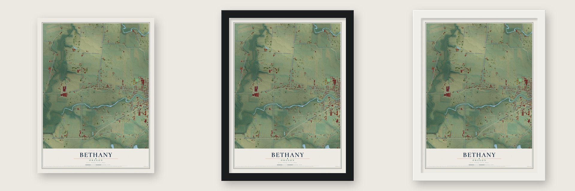 Bethany, Marion County, Oregon map unframed, in a black wood frame and in a white wood frame
