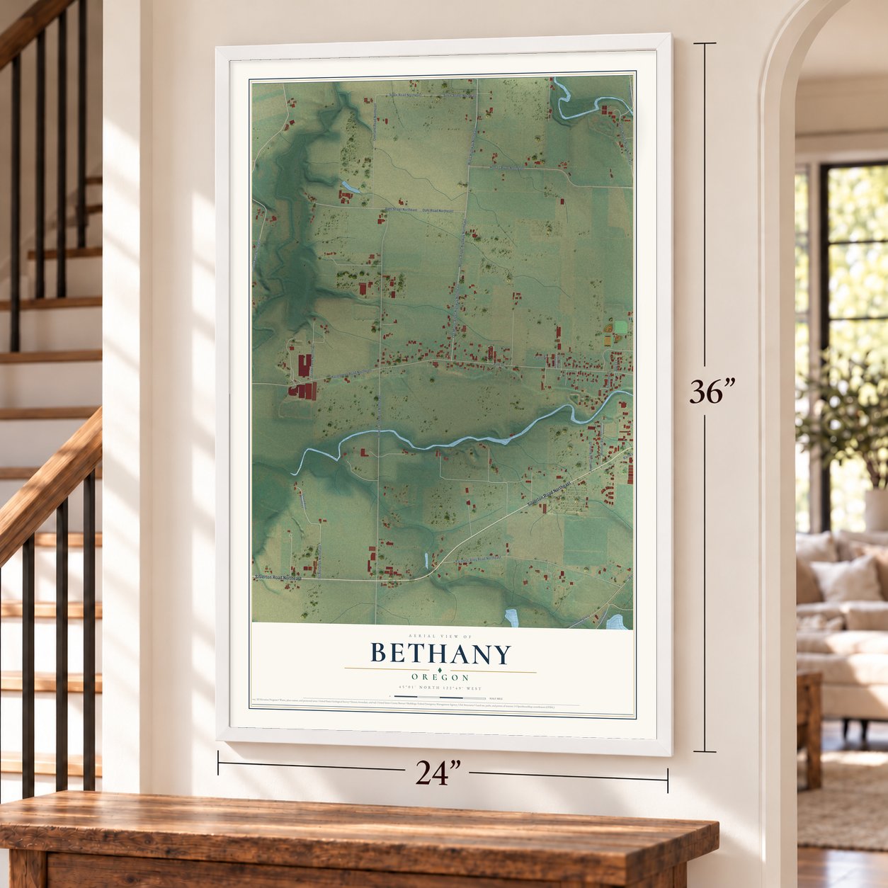 Bethany, Marion County, Oregon map, 24 x 36 inch print in a white frame by a staircase
