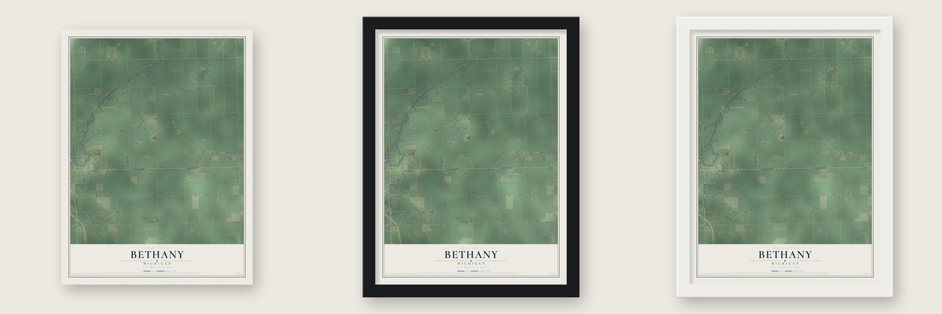 Bethany, Michigan map unframed, in a black wood frame and in a white wood frame