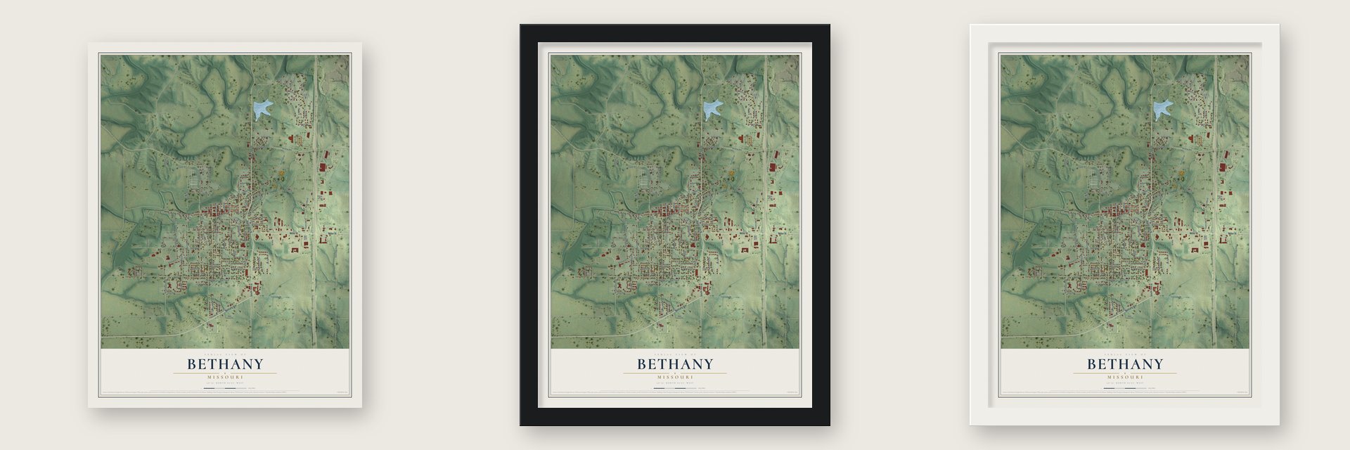 Bethany, Missouri map unframed, in a black wood frame and in a white wood frame