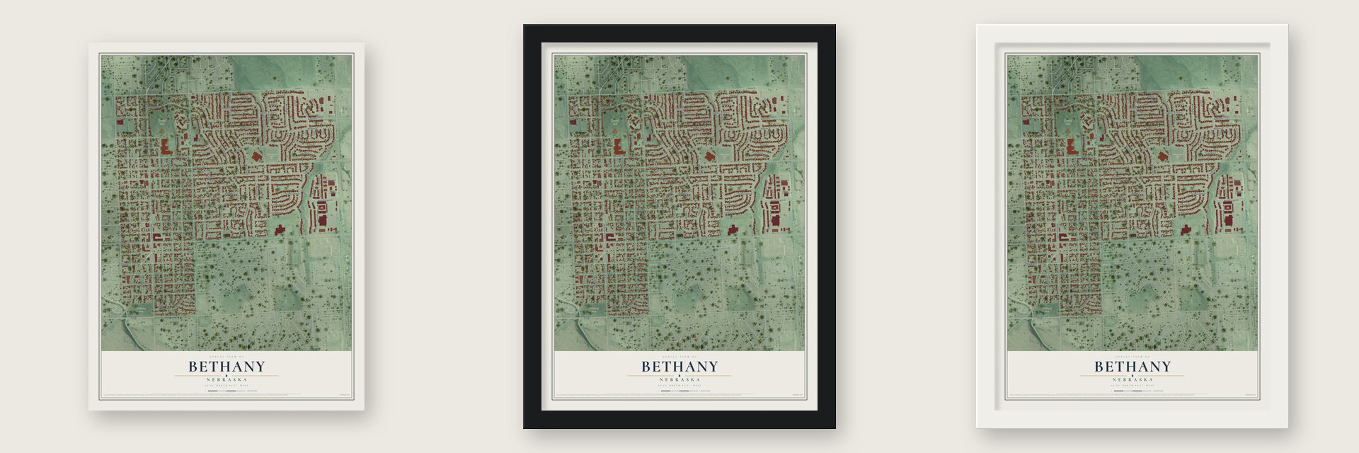 Bethany, Nebraska map unframed, in a black wood frame and in a white wood frame