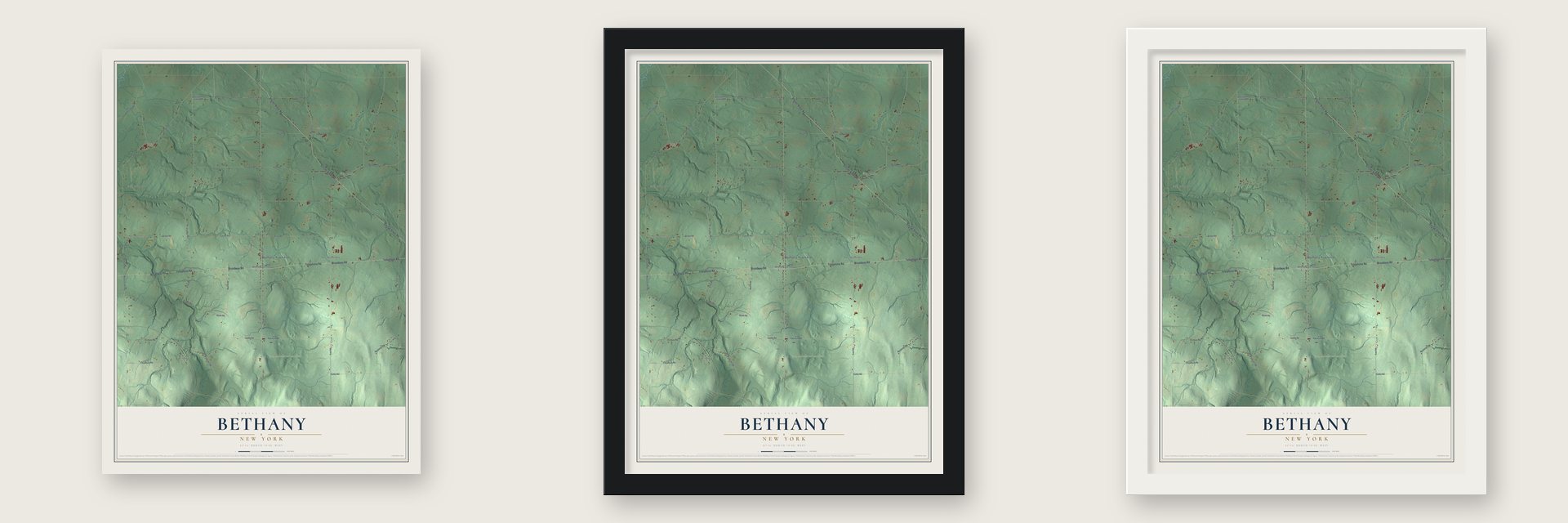 Bethany, New York map unframed, in a black wood frame and in a white wood frame