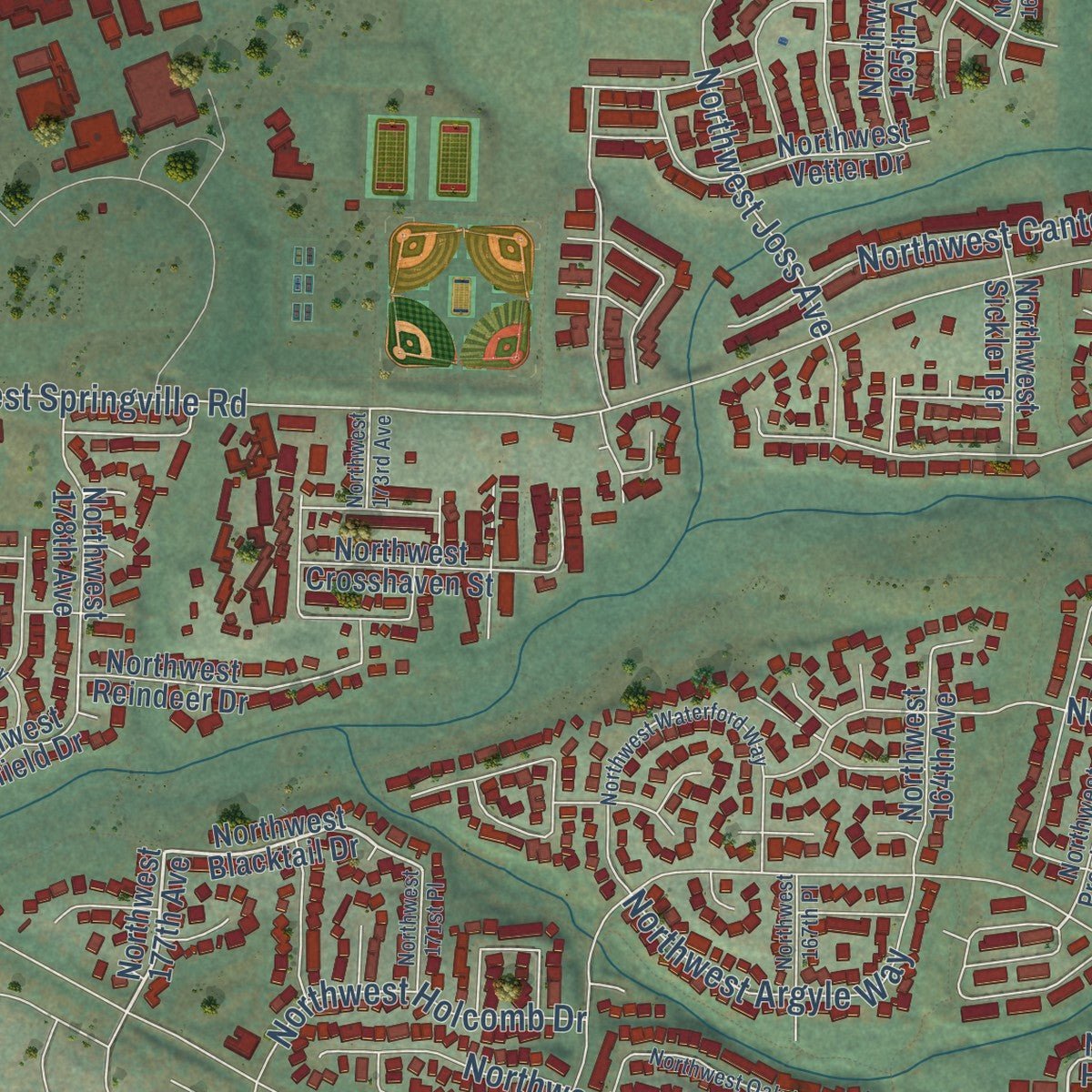 Second close-up of the map of Bethany, Oregon print showing more streets and buildings