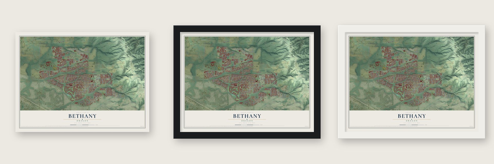 Bethany, Oregon map unframed, in a black wood frame and in a white wood frame