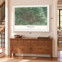 Bethany, Oregon map, 24 x 36 inch print in a white frame above a dresser by a staircase