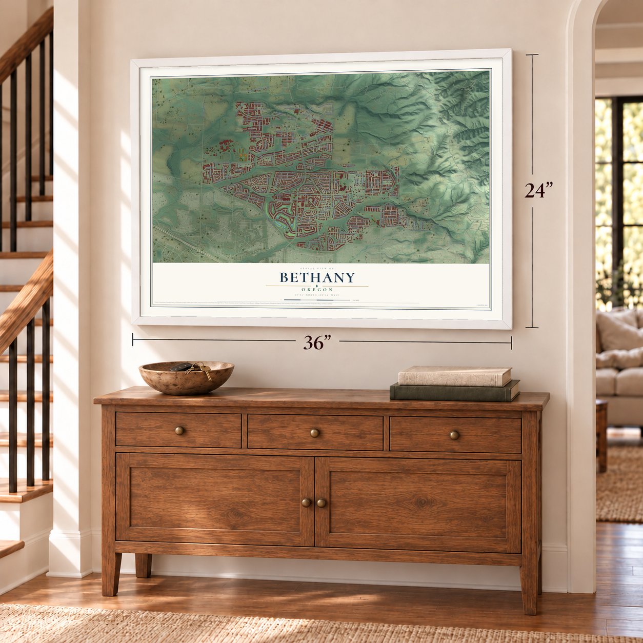 Bethany, Oregon map, 24 x 36 inch print in a white frame above a dresser by a staircase