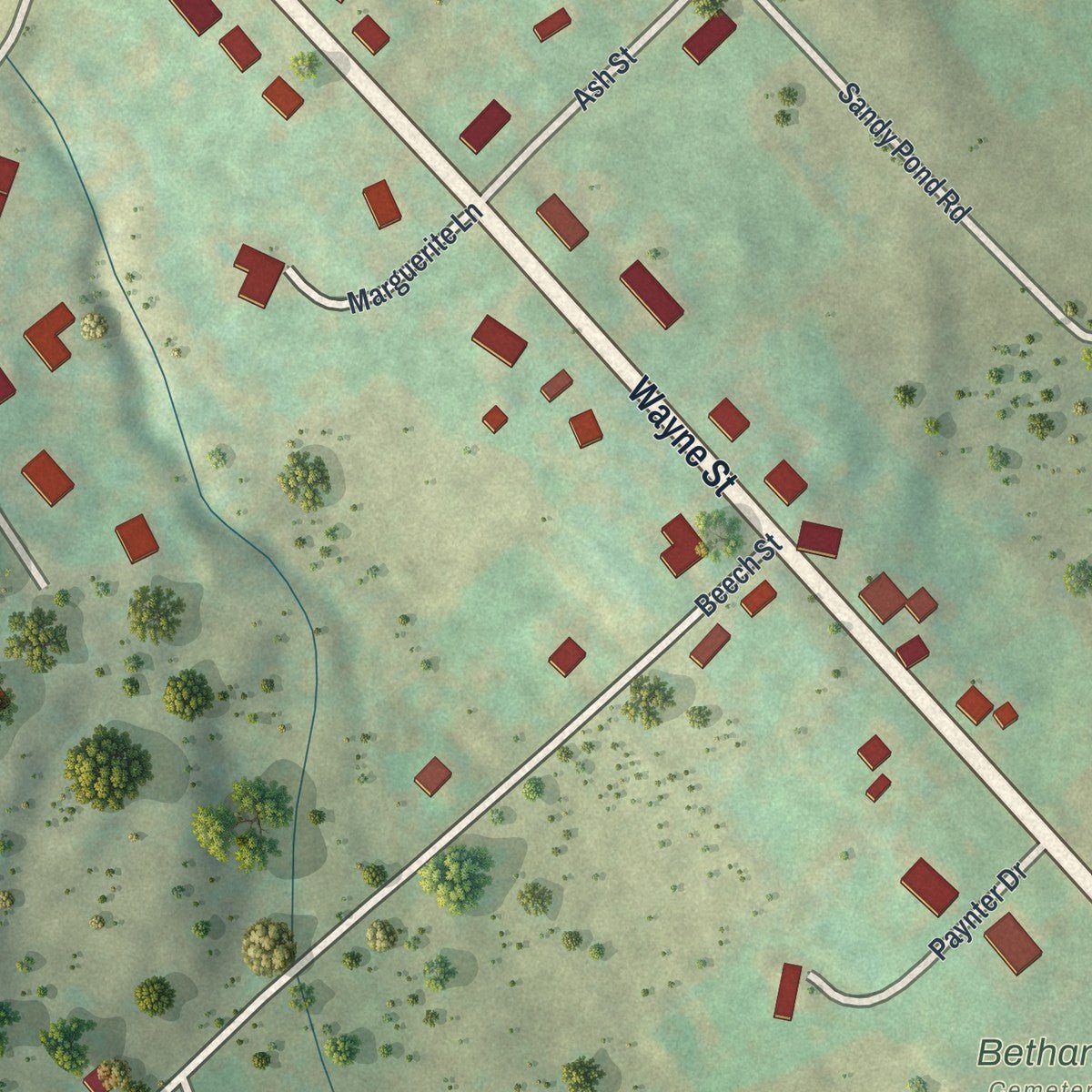 Second close-up of the map of Bethany, Pennsylvania print showing more streets and buildings