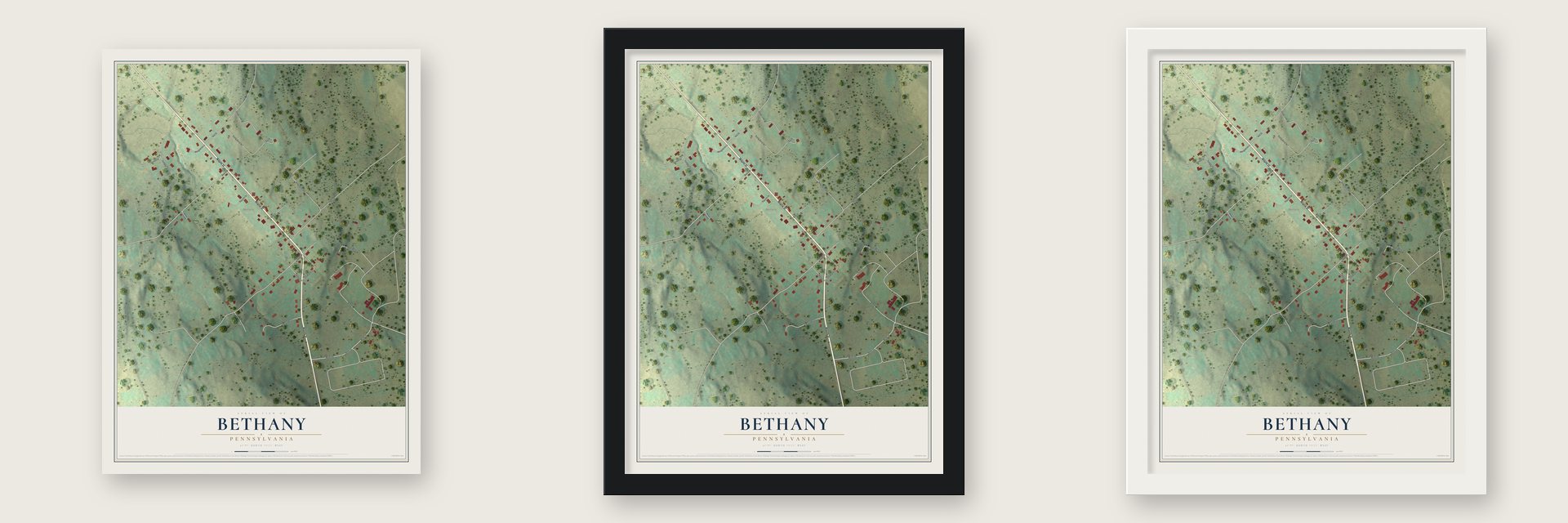 Bethany, Pennsylvania map unframed, in a black wood frame and in a white wood frame